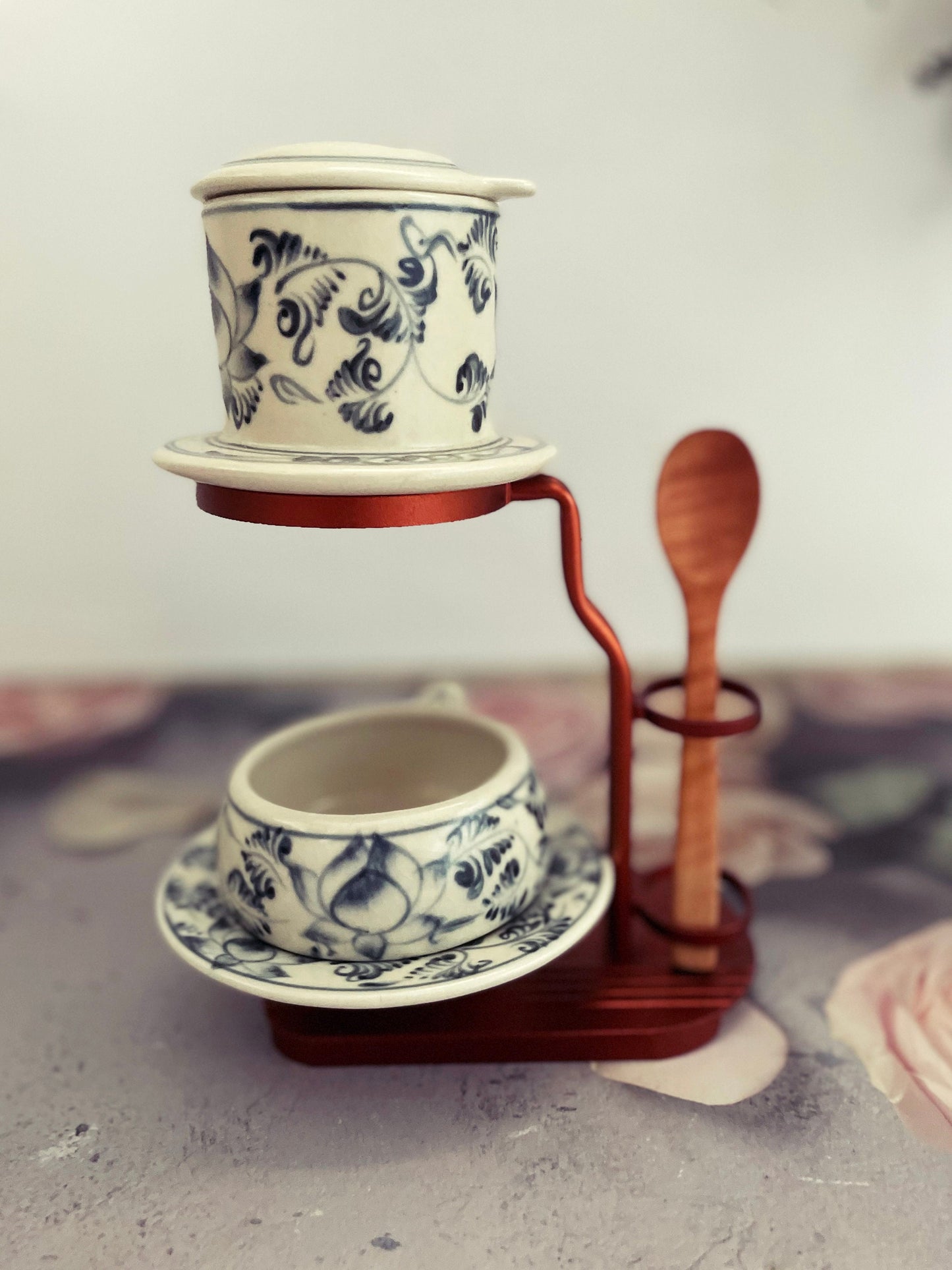 Full Set Ceramic Coffee Filter | Ceramic Coffee Dripper Pour Over Set | Hand Drawing Ceramic Coffee Set with Mug Wooden Spoon & Frame