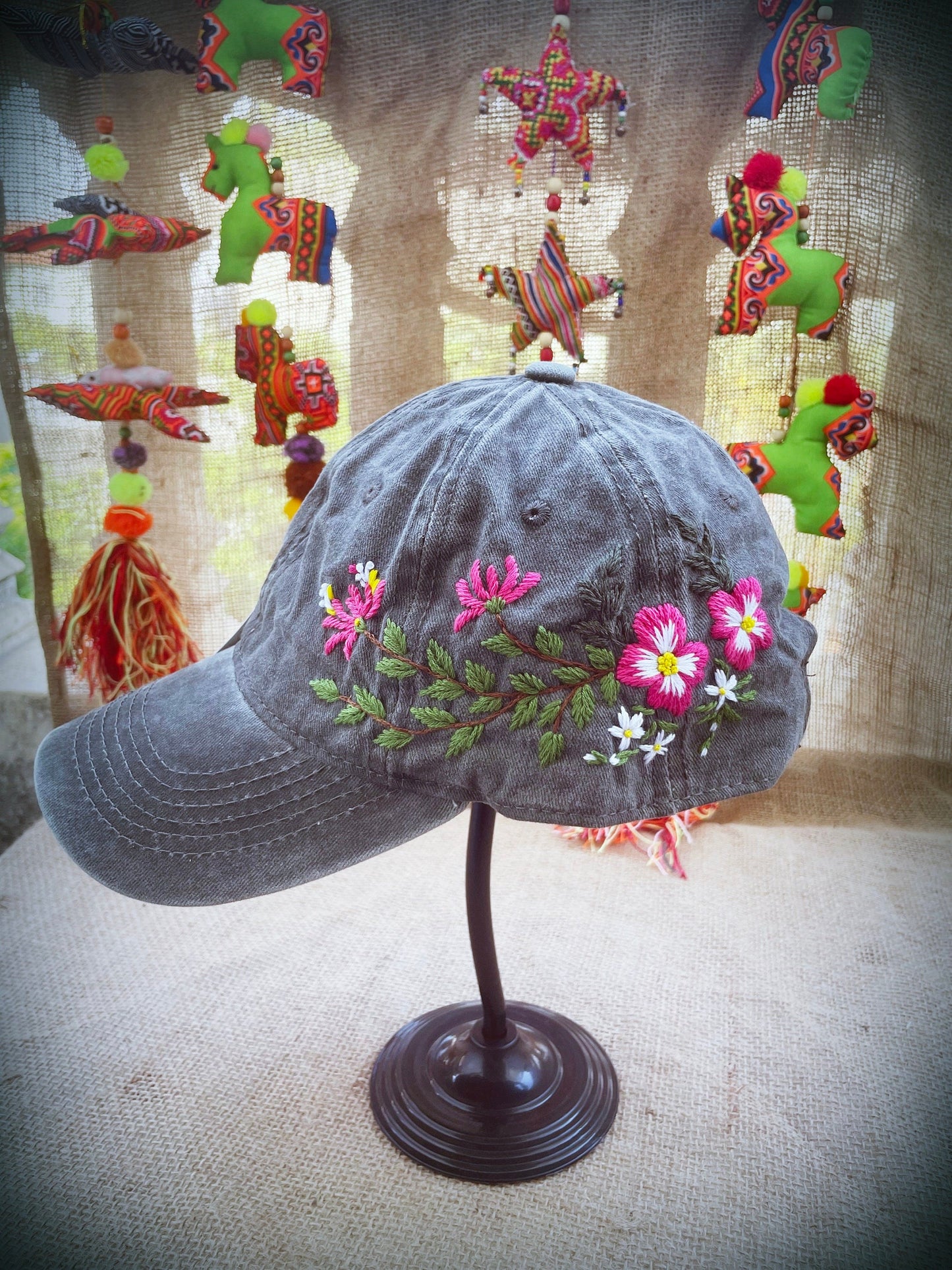 Floral Embroidered Cap, Black embroidery cap, Custom Embroidery Hat, Embroidery Woman Cap, Personalize gifts, Gifts for Her, Gift for Mom.