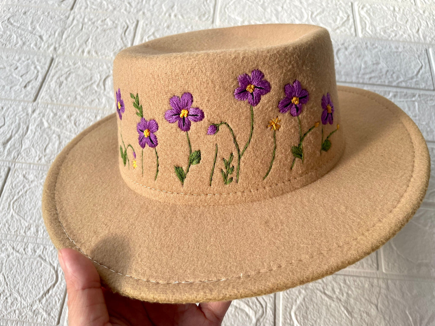 Embroidery Felt Fedora Hat | Man and Women Fedora Hats, Custom Fedora Hat, Tan Beige Fedoras, Purple Flowers Embroidery Hat, Winter Hats