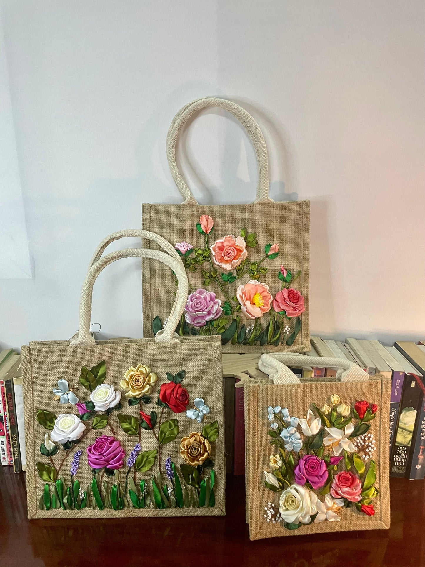 Ribbon Embroidery jute tote bag | Roses Embroidered jute tote bag | Floral laptop bag, Summer tote bag | personalized gifts | gifts for her