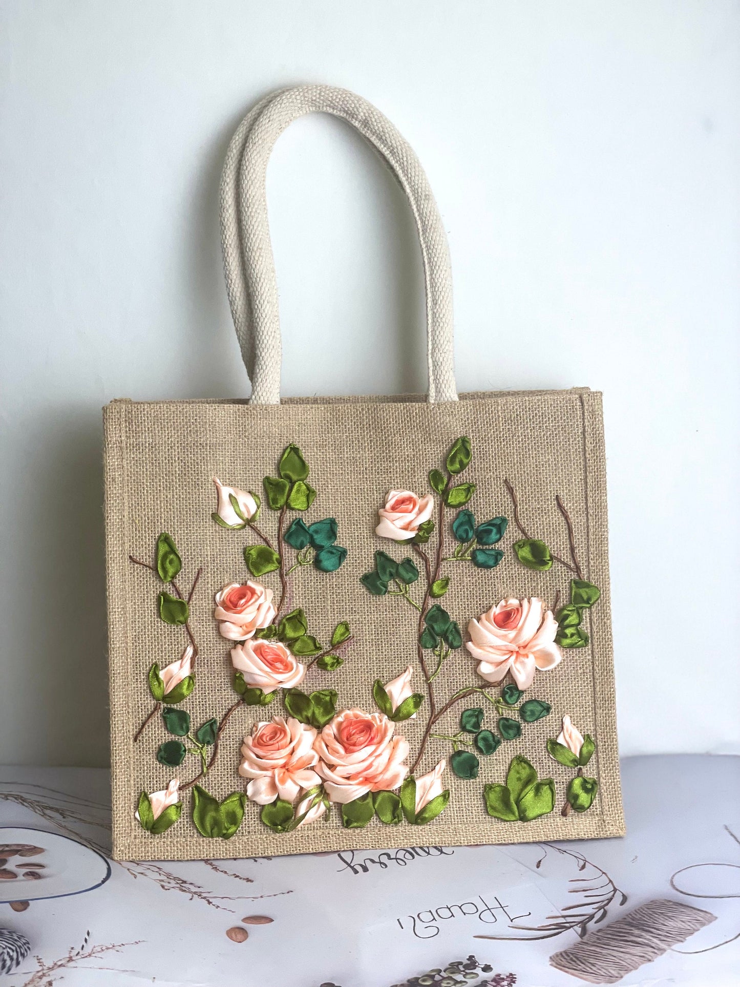 Ribbon Embroidery jute tote bag | Roses Embroidered jute tote bag | Floral laptop bag, Summer bag | personalized gifts | gifts for her