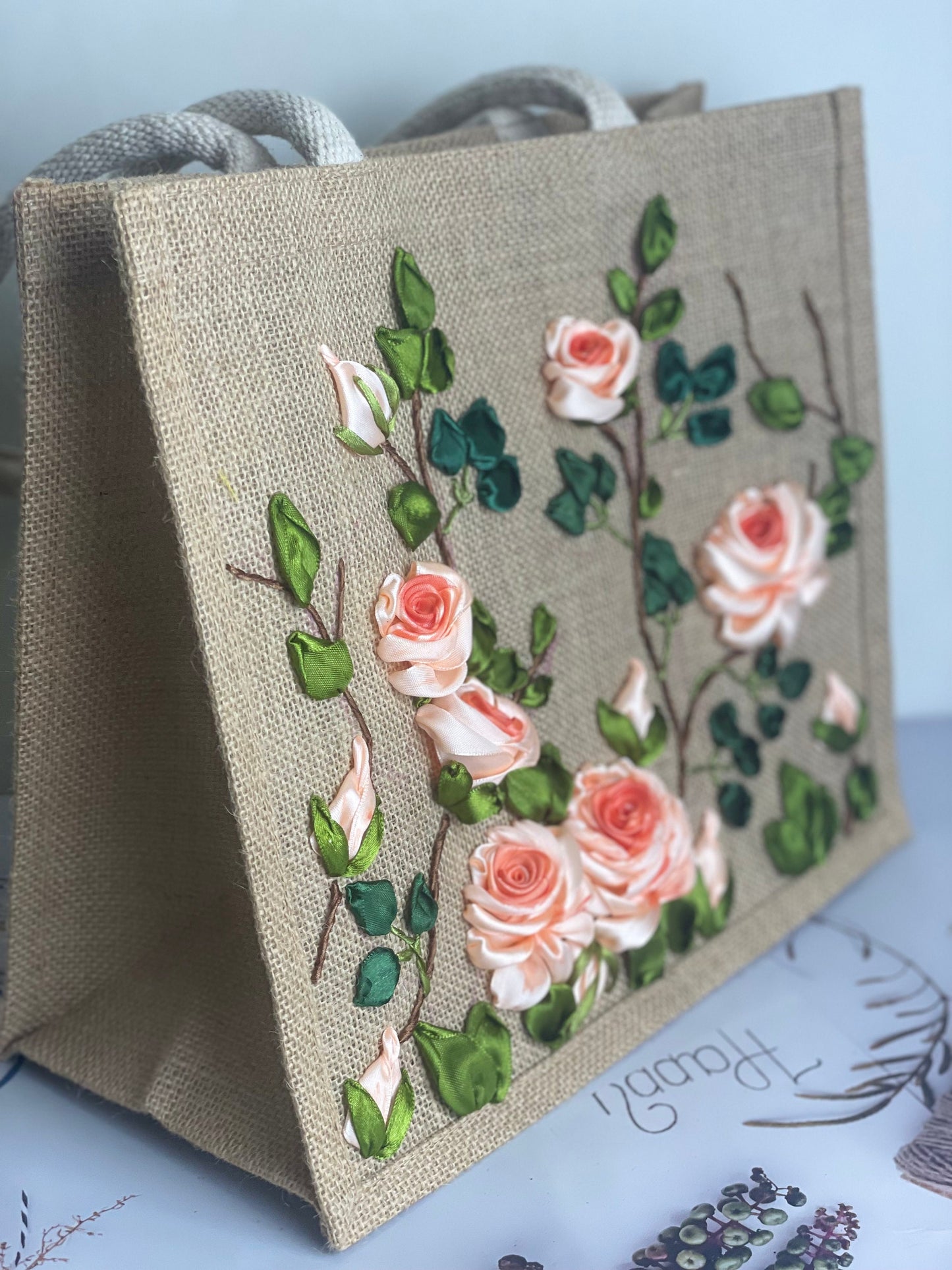 Ribbon Embroidery jute tote bag | Roses Embroidered jute tote bag | Floral laptop bag, Summer bag | personalized gifts | gifts for her