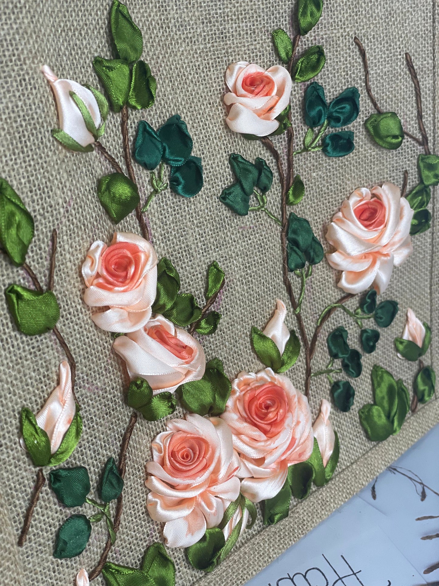 Ribbon Embroidery jute tote bag | Roses Embroidered jute tote bag | Floral laptop bag, Summer bag | personalized gifts | gifts for her