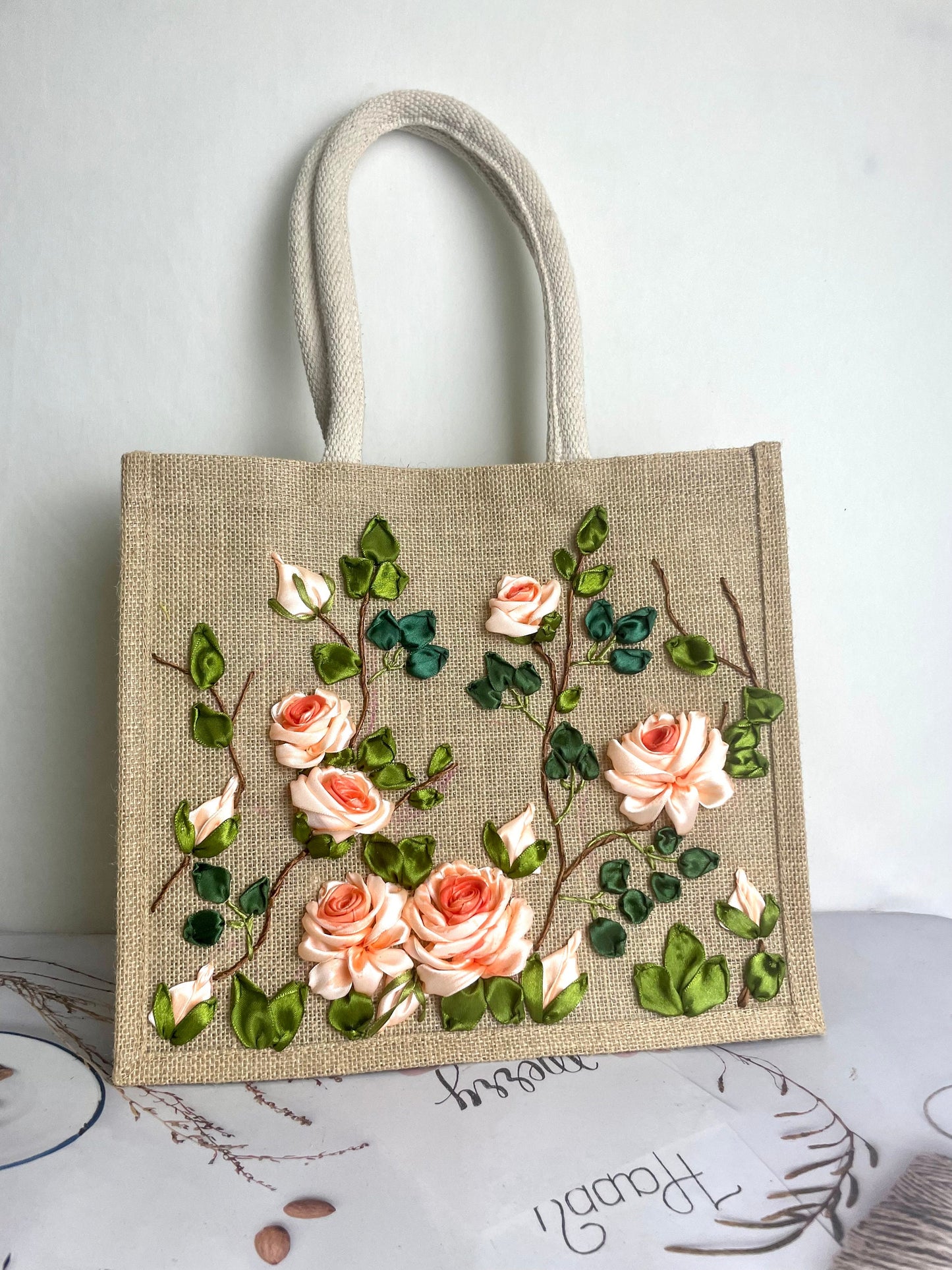 Ribbon Embroidery jute tote bag | Roses Embroidered jute tote bag | Floral laptop bag, Summer bag | personalized gifts | gifts for her