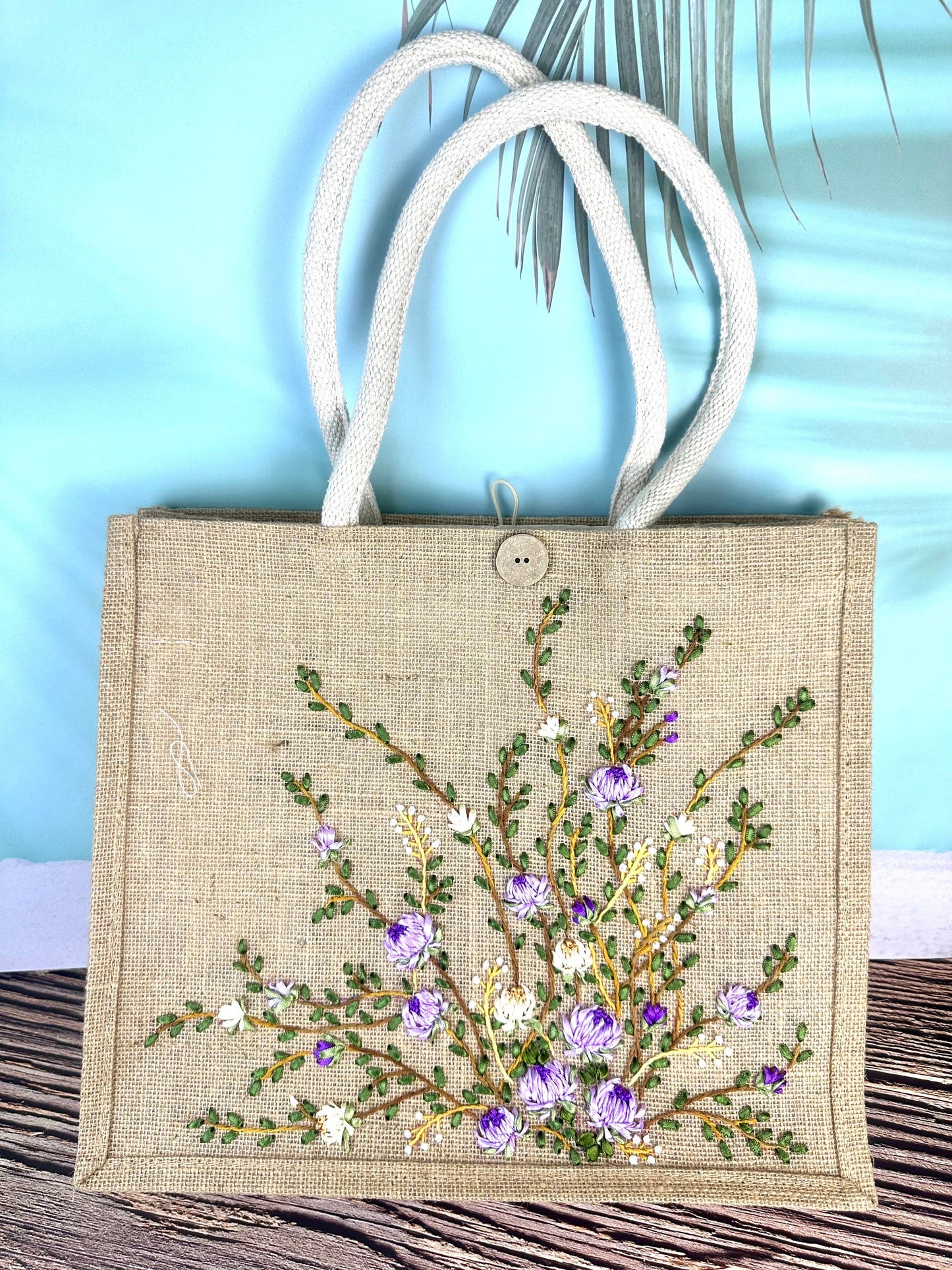 Purple Flower Ribbon Embroidery jute tote bag | Embroidered jute tote bag | Floral laptop bag, Summer tote bag | personalized gifts