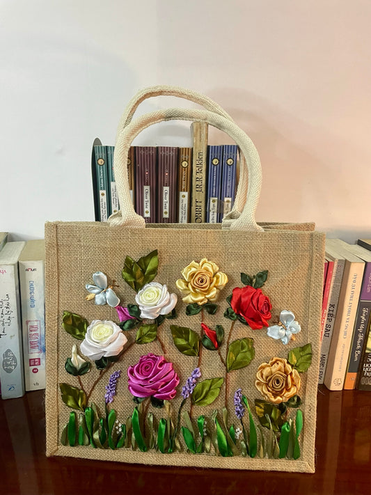 Rustic Elegance: Handmade Roses Ribbon Embroidery Jute Tote Bag