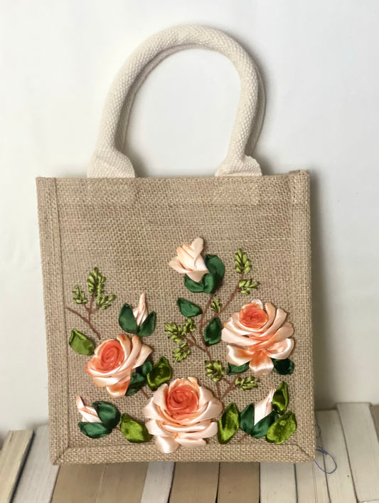 Whimsical Roses: Handmade Ribbon Embroidery Jute Tote Bag