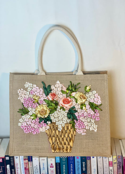 Custom Handmade Ribbon Embroidery Jute Tote Bag , Large Floral Jute Tote Bac, Gift for Her, Christmas Gifts