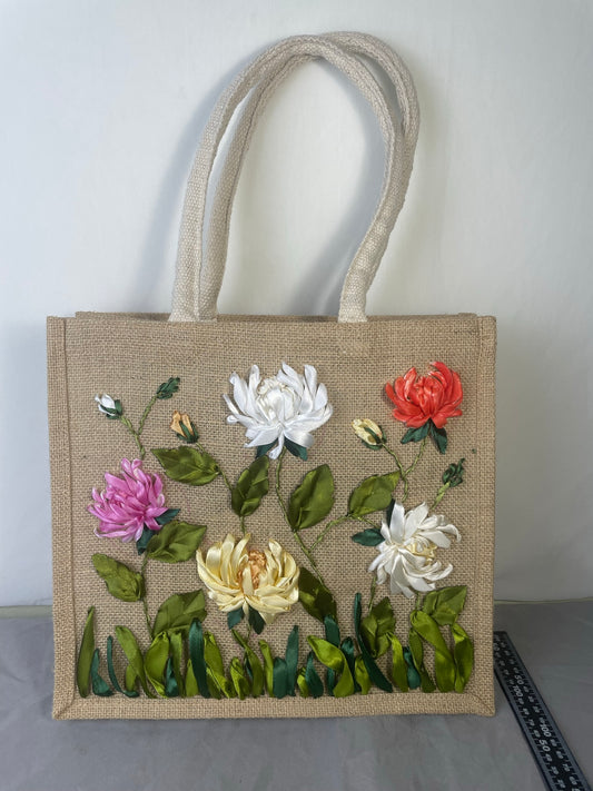 Custom Handmade Ribbon Embroidery Jute Tote Bag , Floral Jute Tote Bag, Gift for Her, Christmas Gifts