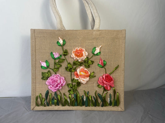Personalized Handmade Embroidery Jute Tote Bag , ROSES Embroidered Jute Tote Bag, Custom Gifts, Gift for Her, Christmas Gifts