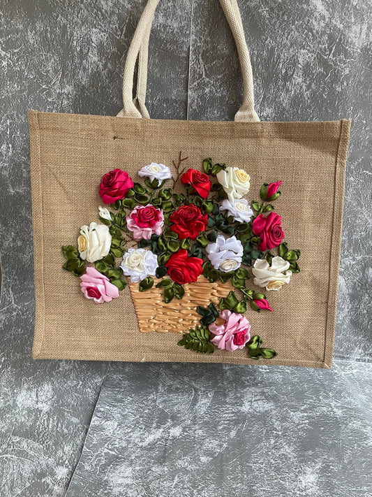 Personalized Handmade Embroidery Jute Tote Bag , ROSES Embroidered Jute Tote Bag, Custom Gifts, Gift for Her, Christmas Gifts
