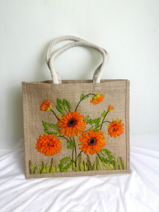 Personalized Handmade Ribbon Embroidery Jute Tote Bag , Sunflowers Jute Tote Bag, Custom Gifts, Gift for Her, Christmas Gifts