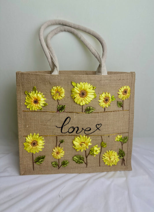 Artisanal Beauty: Handcrafted Roses Ribbon Embroidery Jute Tote Bag