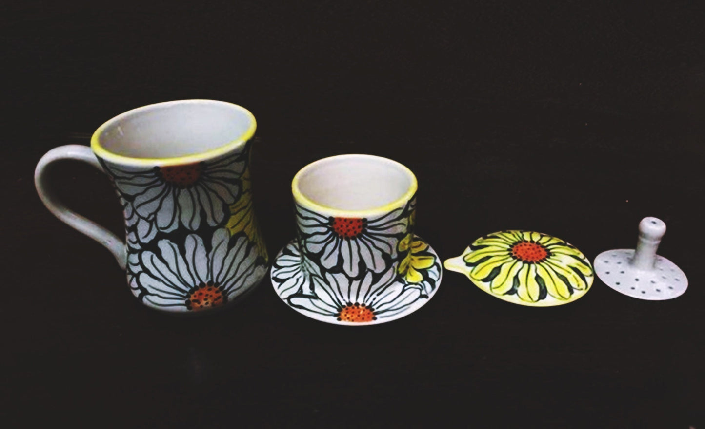 Handmade Ceramic Coffee Filter / Ceramic Coffee Dripper Pour Over Set / Sunflower Hand Drawing Ceramic Coffee Set with Mug / Home Décor.