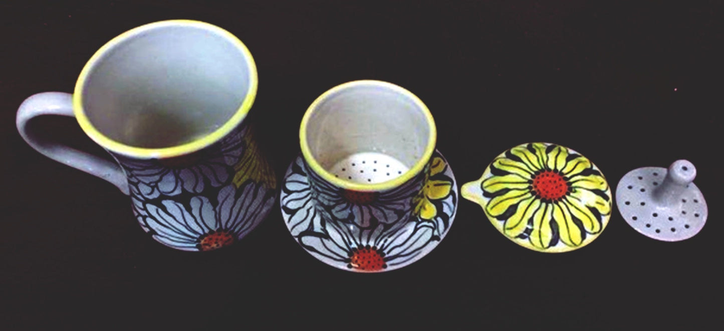 Handmade Ceramic Coffee Filter / Ceramic Coffee Dripper Pour Over Set / Sunflower Hand Drawing Ceramic Coffee Set with Mug / Home Décor.