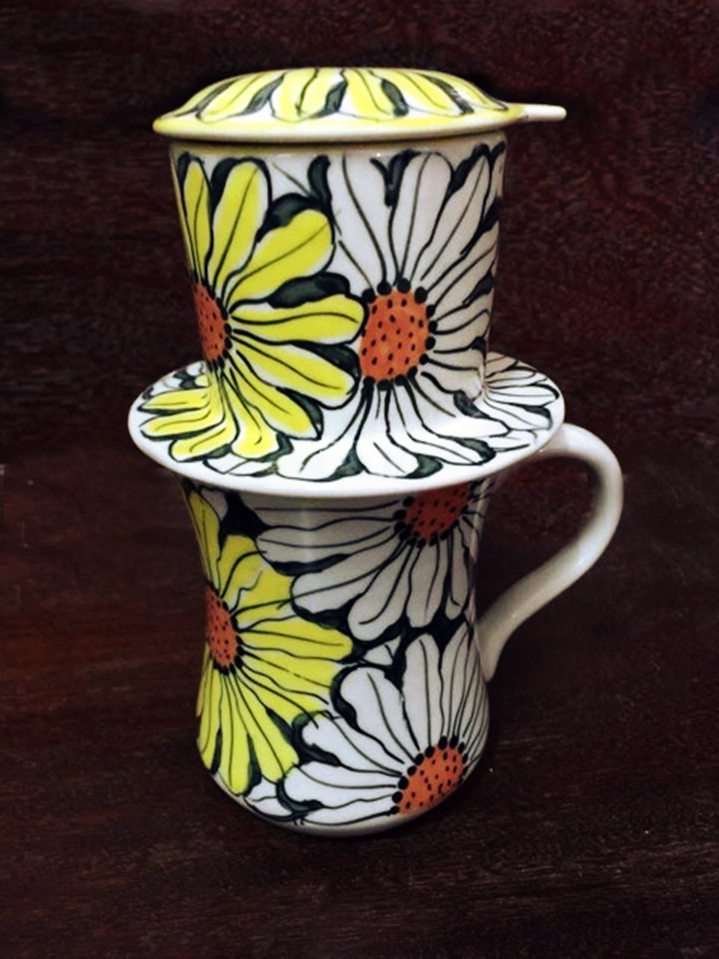 Handmade Ceramic Coffee Filter / Ceramic Coffee Dripper Pour Over Set / Sunflower Hand Drawing Ceramic Coffee Set with Mug / Home Décor.