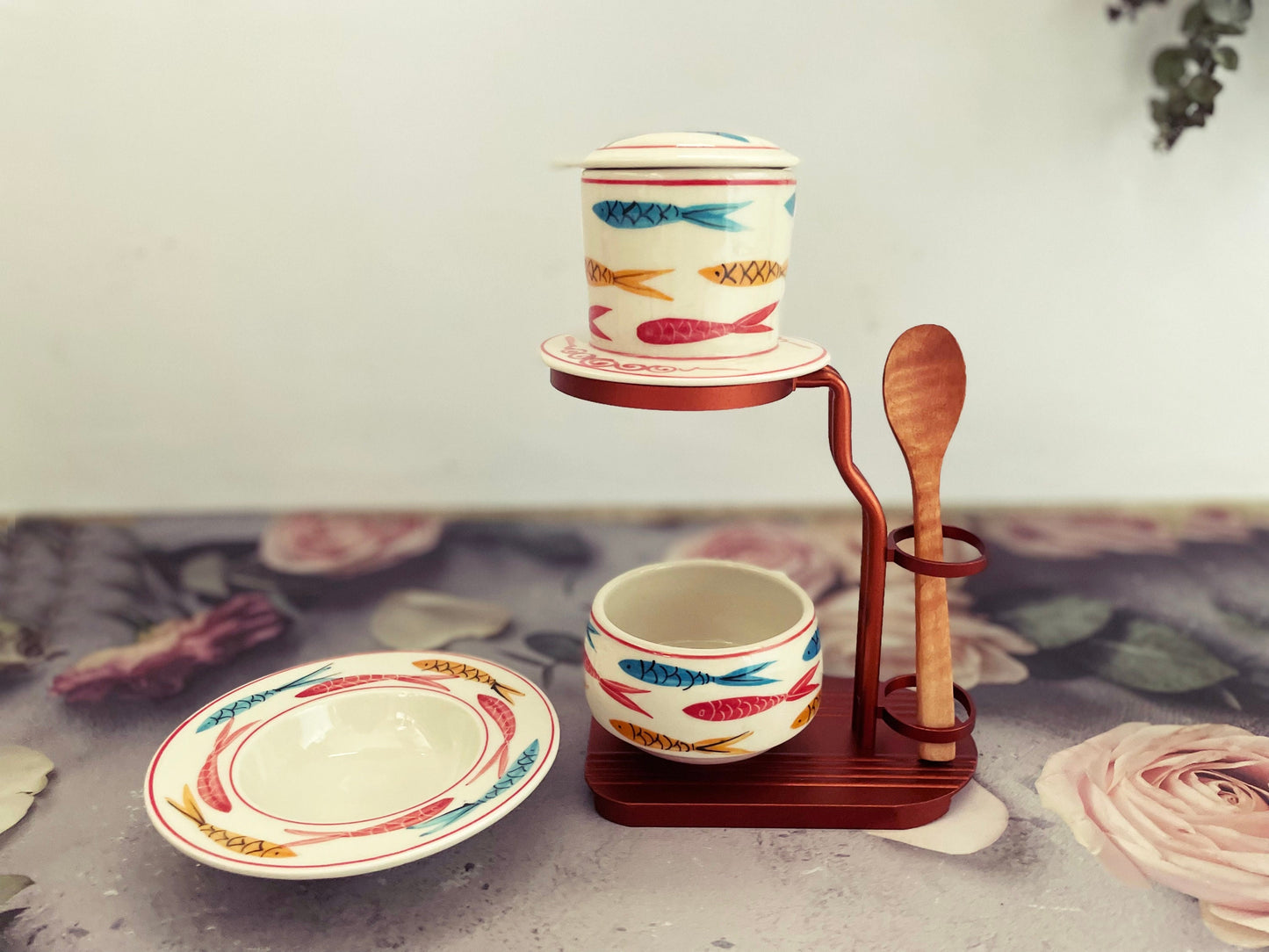 Full Set Ceramic Coffee Filter | Ceramic Coffee Dripper Pour Over Set | Hand Drawing Ceramic Coffee Set with Mug Wooden Spoon & Frame