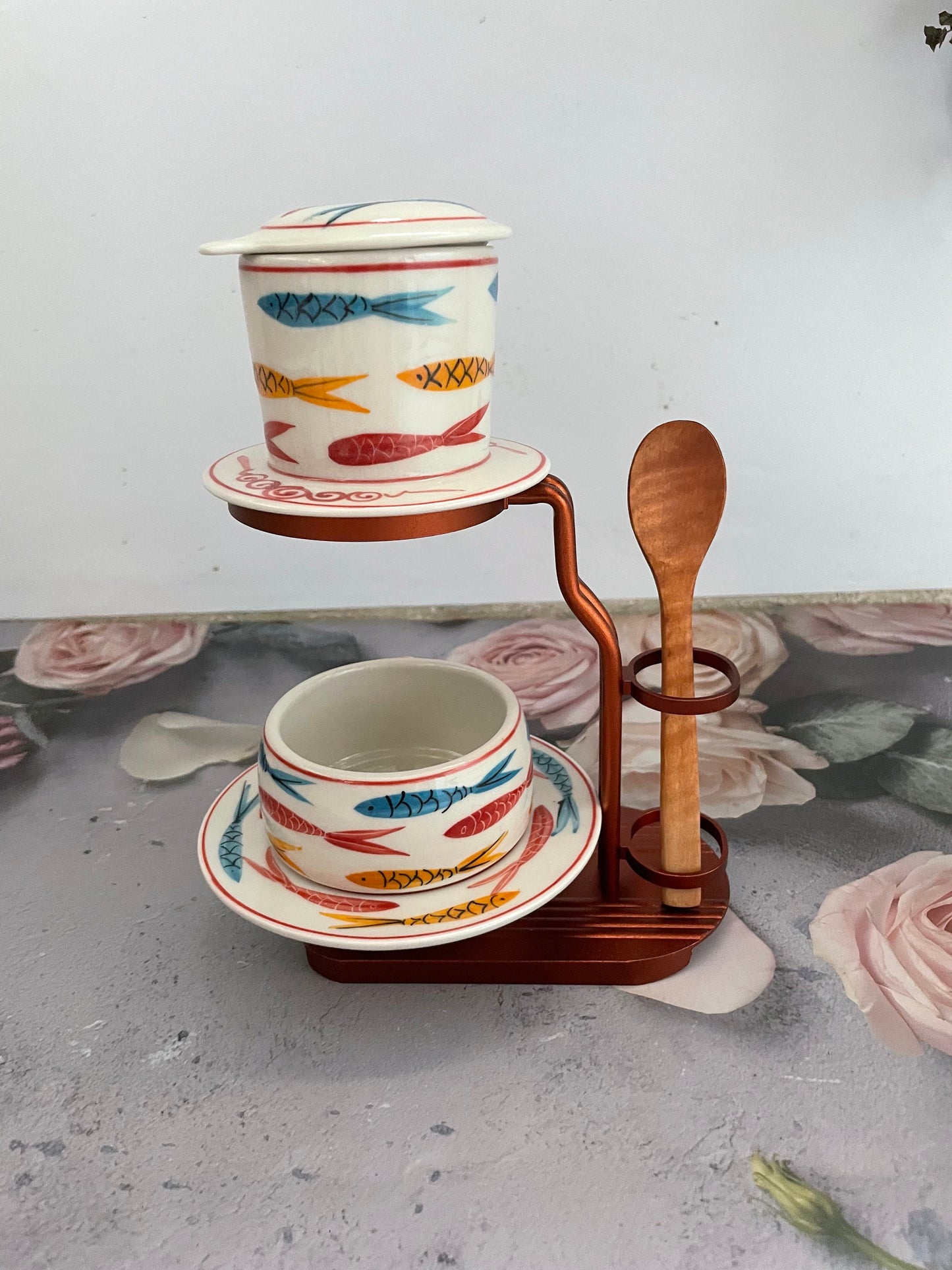 Full Set Ceramic Coffee Filter | Ceramic Coffee Dripper Pour Over Set | Hand Drawing Ceramic Coffee Set with Mug Wooden Spoon & Frame