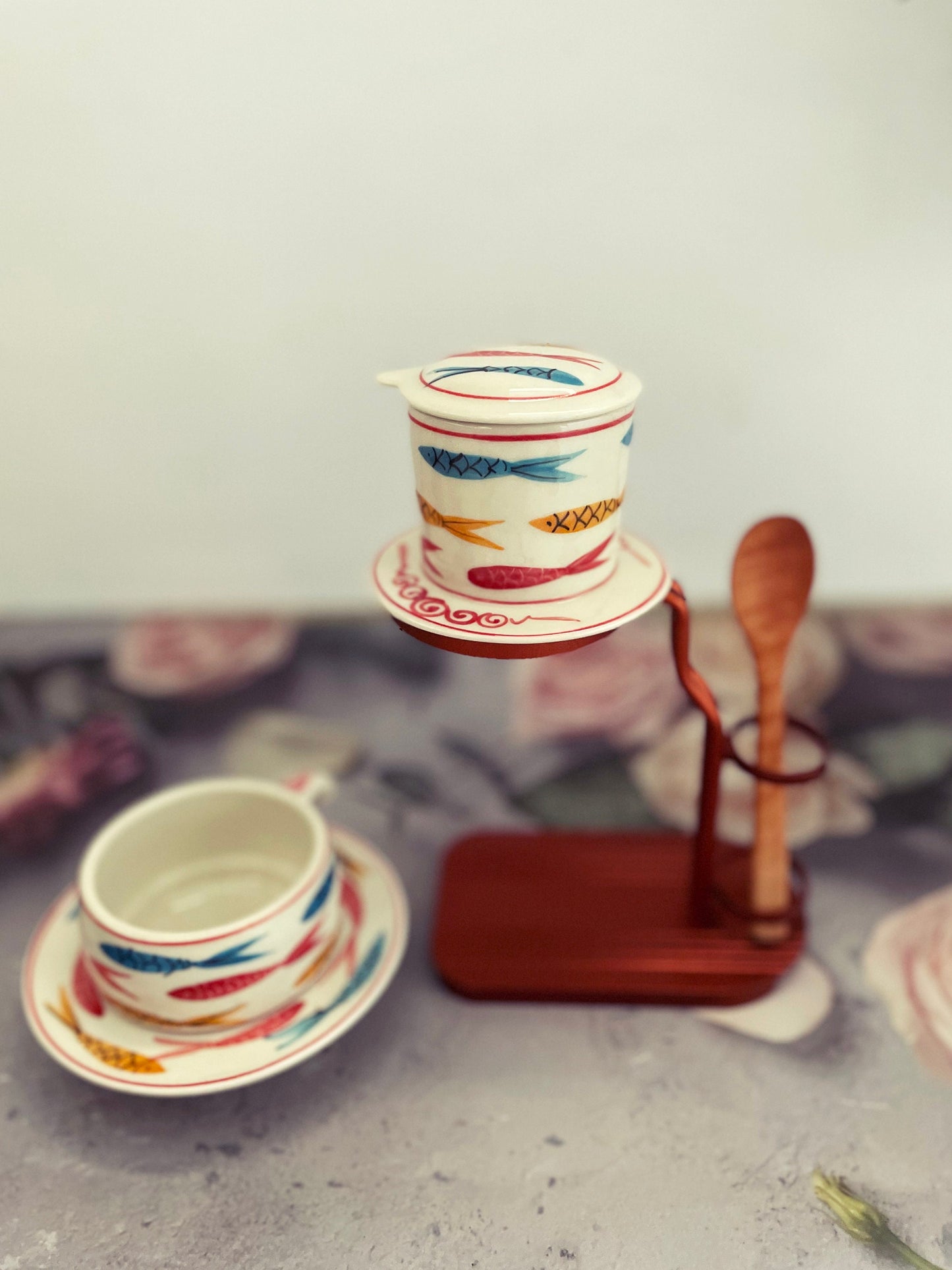 Full Set Ceramic Coffee Filter | Ceramic Coffee Dripper Pour Over Set | Hand Drawing Ceramic Coffee Set with Mug Wooden Spoon & Frame