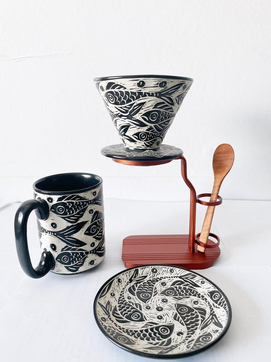 Full Set Ceramic Coffee Filter / Ceramic Coffee Dripper Pour Over Set | Hand-Carved Ceramic Coffee Set with Mug, Spoon & Frame / Home Décor.