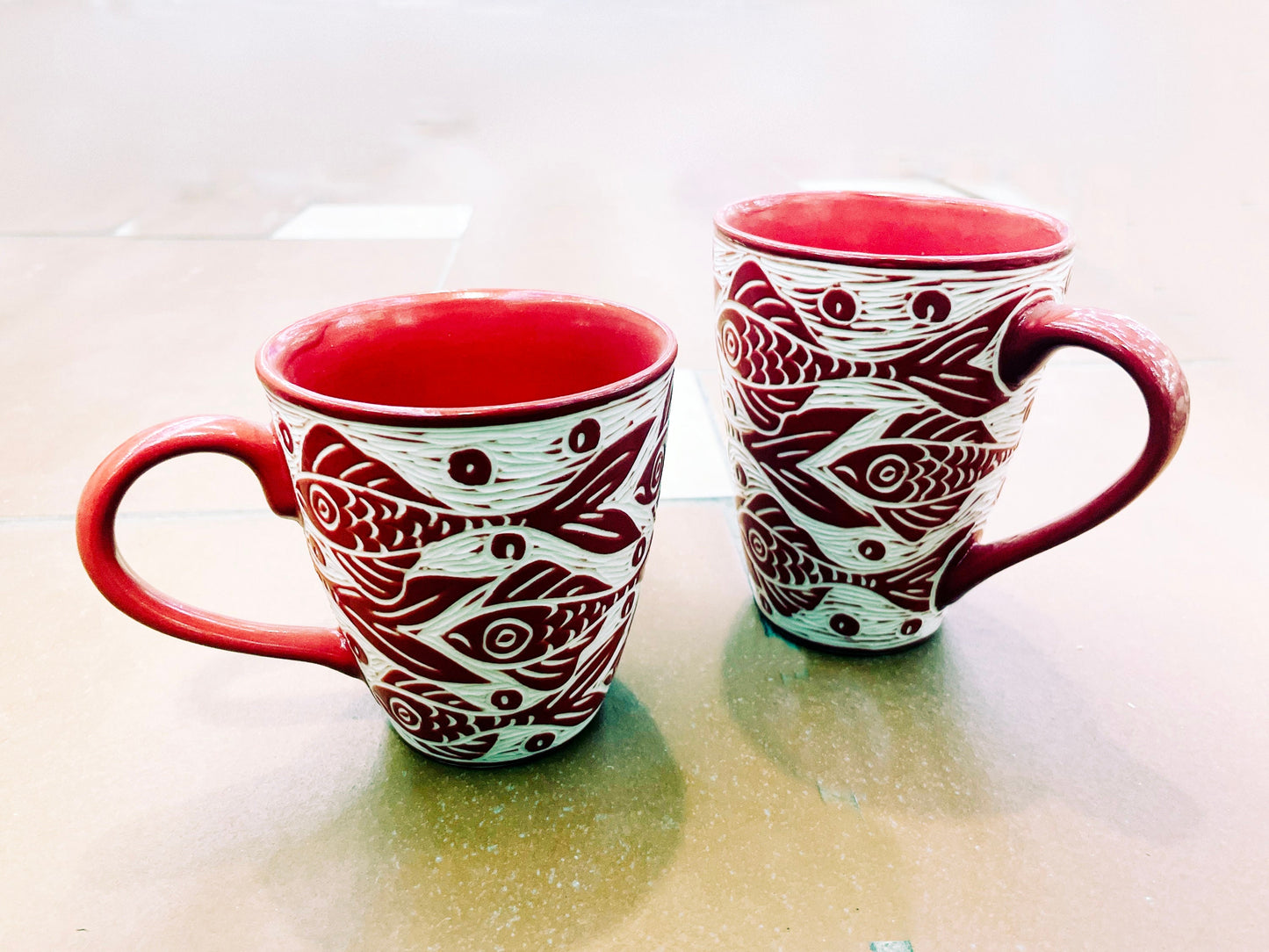 Hand Carved Ceramic Mug | Fish Carved Ceramic Mug Handmade | Serving Tableware Kitchenware Home Décor | Tea Mug Handmade