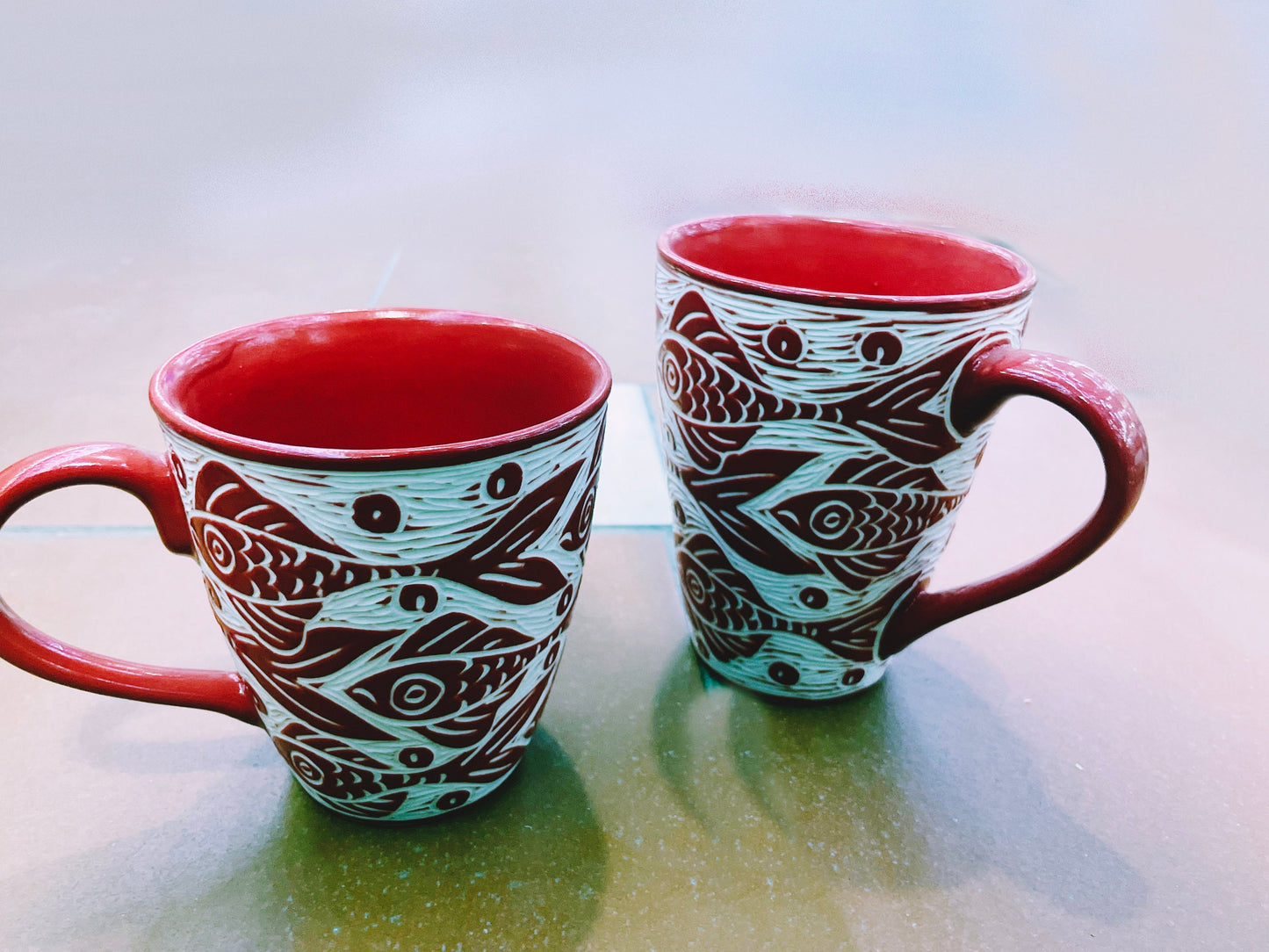 Hand Carved Ceramic Mug | Fish Carved Ceramic Mug Handmade | Serving Tableware Kitchenware Home Décor | Tea Mug Handmade