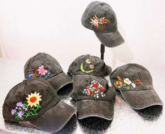 Floral Embroidered Black Cap, Baseball Cap, Custom Embroidery Hat, Embroider Woman Cap, Personalize gifts, Gifts for Her