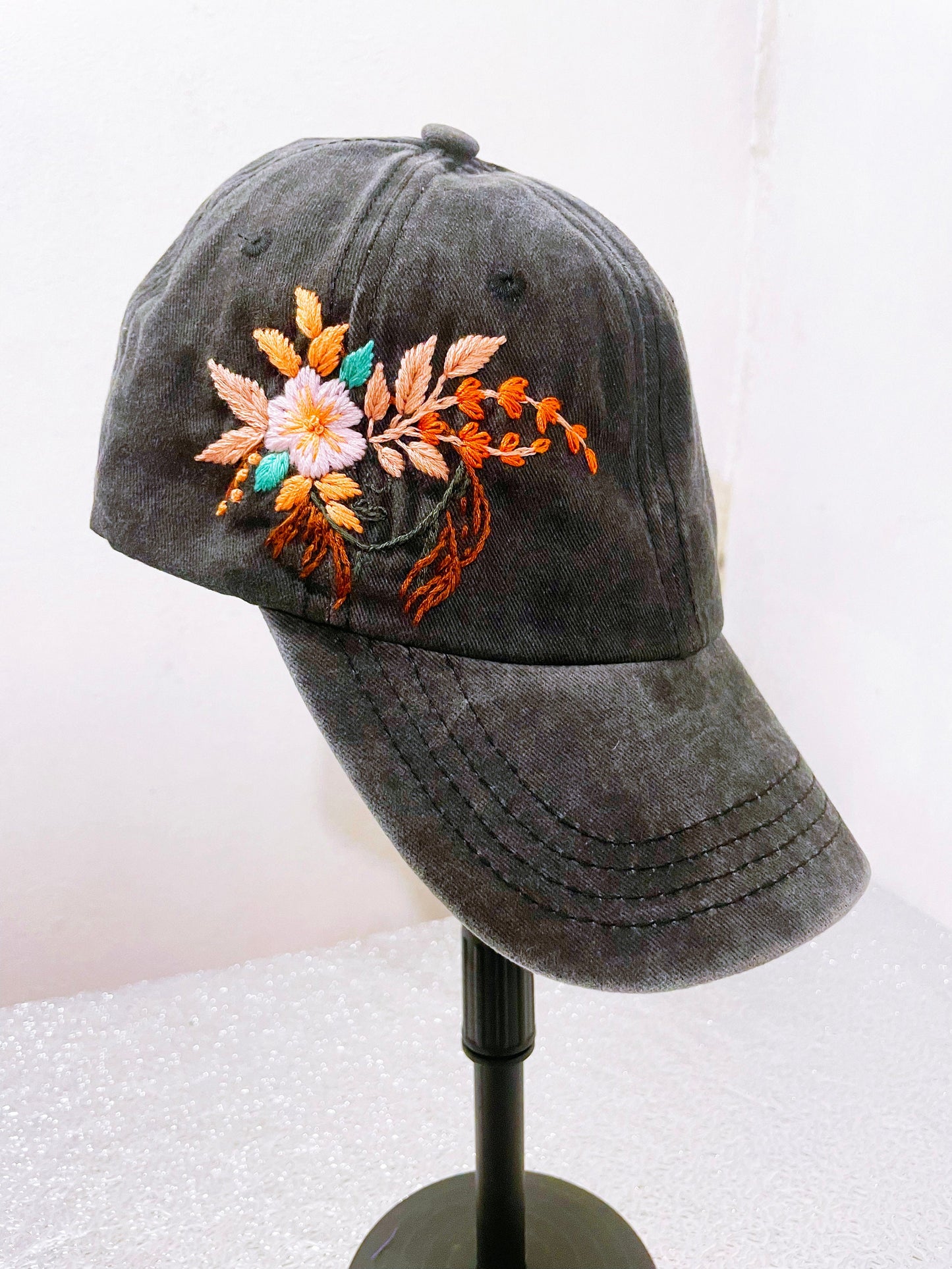 Floral Embroidered Black Cap, Baseball Cap, Custom Embroidery Hat, Embroider Woman Cap, Personalize gifts, Gifts for Her