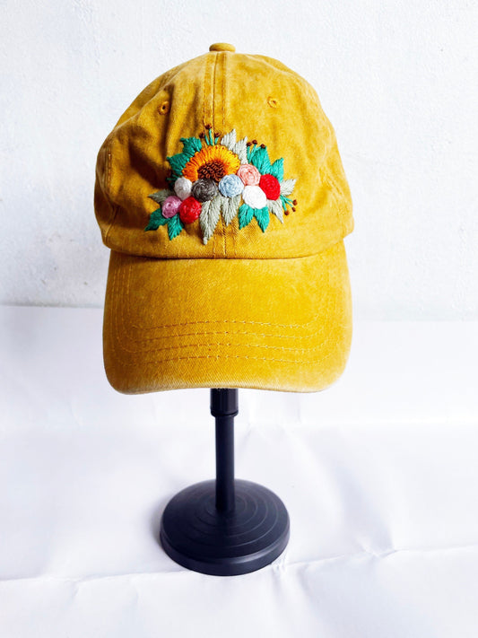 Floral Embroidered Cap, Baseball Cap, Custom Embroidery Hat, Yellow Hat, Embroider Woman Cap, Personalize gifts, Gifts for Her