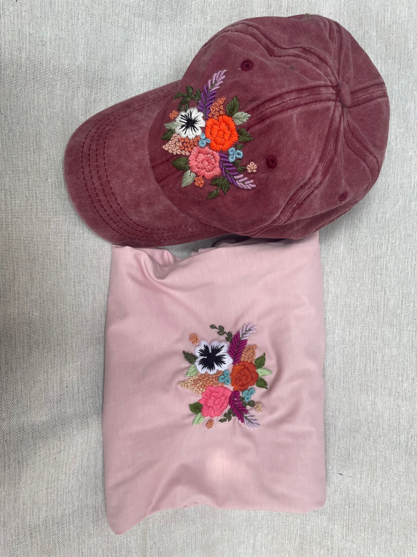 Personalized Embroidered Cap and T-Shirts | Embroidered Woman Cap | Floral Embroidered Cap | Floral T-Shirt | Embroidered T-Shirt