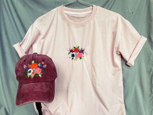 Personalized Embroidered Cap and T-Shirts | Embroidered Woman Cap | Floral Embroidered Cap | Floral T-Shirt | Embroidered T-Shirt