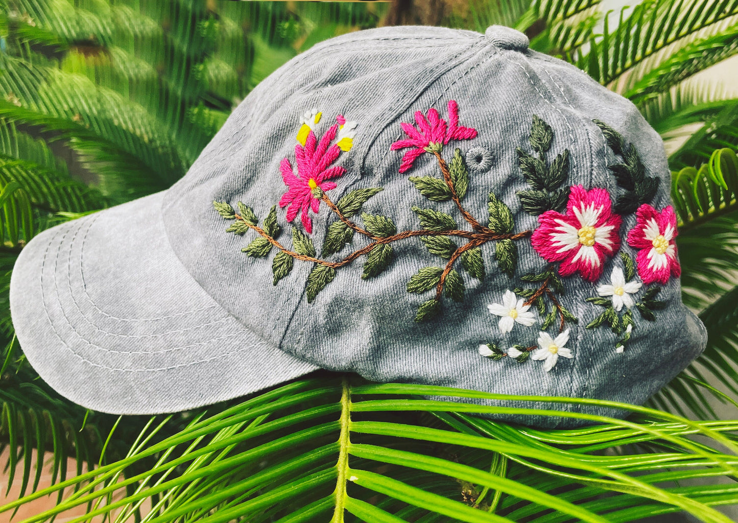 Colored Floral Embroidered Cap, Custom Embroidery Hat, Unique Cap, Baseball Cap, Hand Embroidered Hat