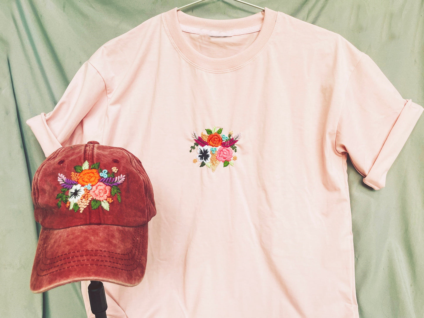 Personalized Embroidered Cap and T-Shirts | Embroidered Woman Cap | Floral Embroidered Cap | Floral T-Shirt | Embroidered T-Shirt