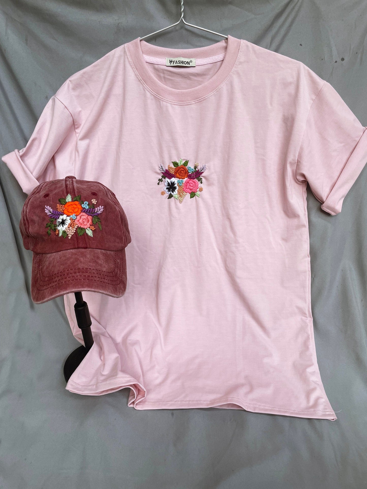 Personalized Embroidered Cap and T-Shirts | Embroidered Woman Cap | Floral Embroidered Cap | Floral T-Shirt | Embroidered T-Shirt