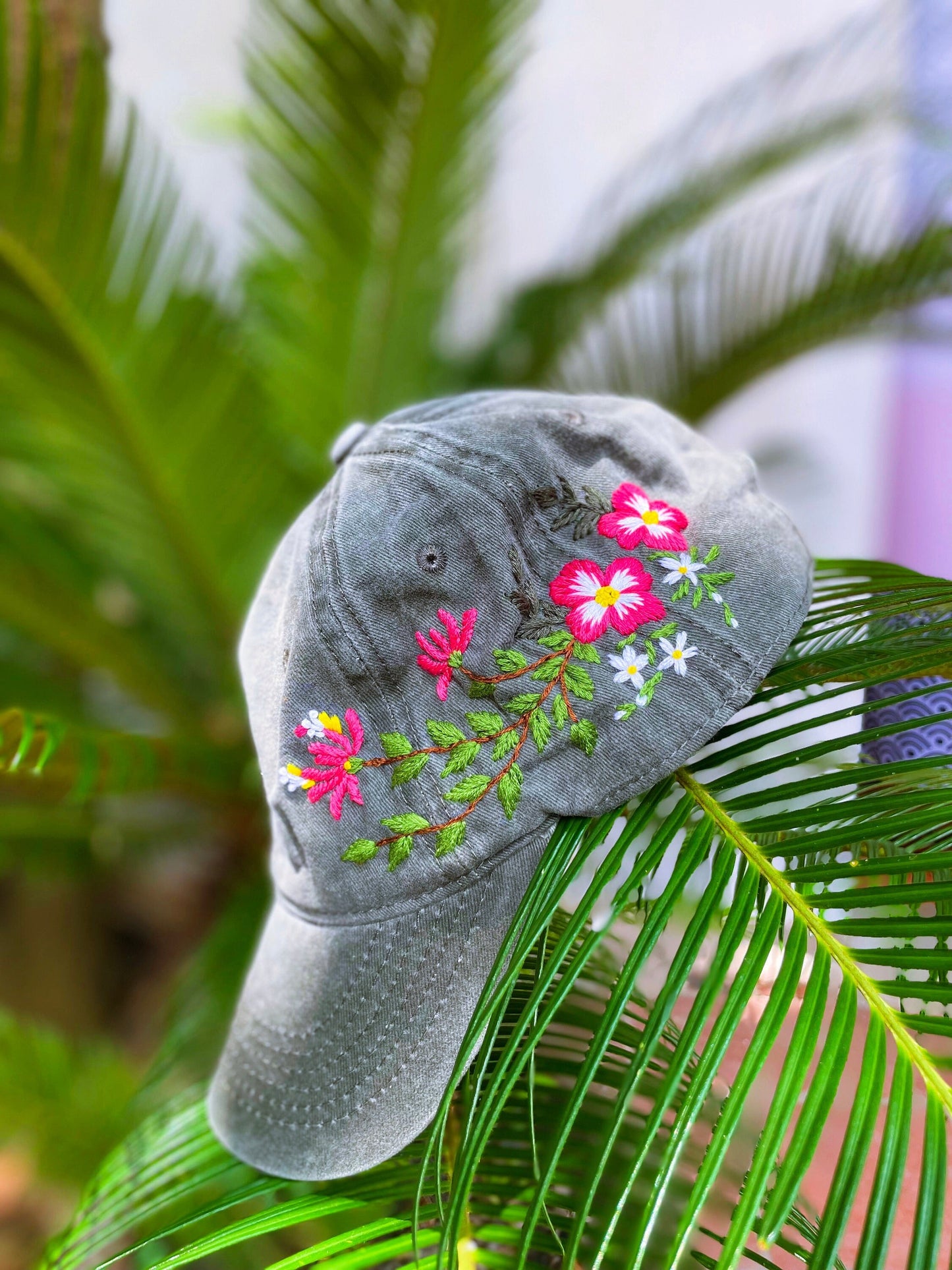 Colored Floral Embroidered Cap, Custom Embroidery Hat, Unique Cap, Baseball Cap, Hand Embroidered Hat