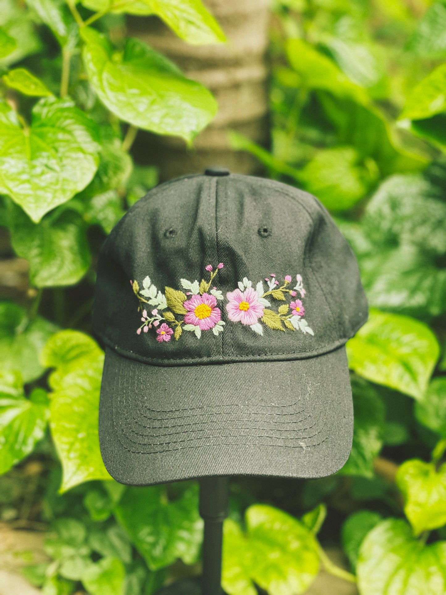 Floral Embroidered Cap, Baseball Cap, Custom Embroidery Black Hat, Hand Embroidery, Embroider Woman Cap, Personalize gifts, Gifts for Her