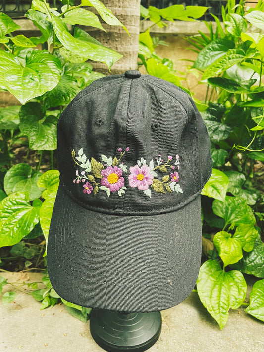 Floral Embroidered Cap, Baseball Cap, Custom Embroidery Black Hat, Hand Embroidery, Embroider Woman Cap, Personalize gifts, Gifts for Her