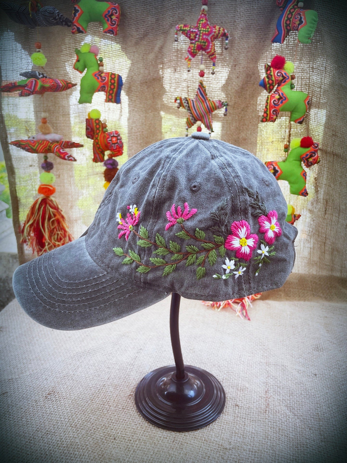 Floral Embroidered Cap, Black embroidery cap,  Custom Embroidery Hat, Embroidery Woman Cap, Personalize gifts, Gifts for Her, Gift for Mom.