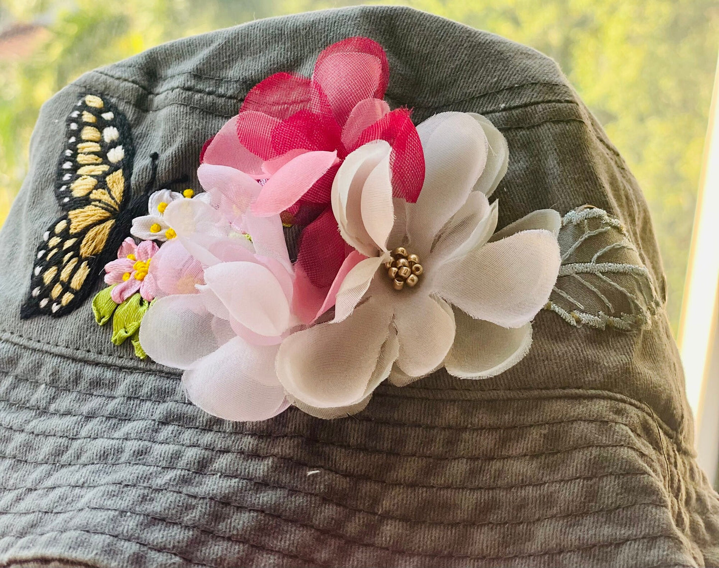 Butterfly embroidery floral bucket hat, Chiffon Floral Embroidery bucket hat, Floral Summer Woman Hat, Personalized Woman Bucket Hat