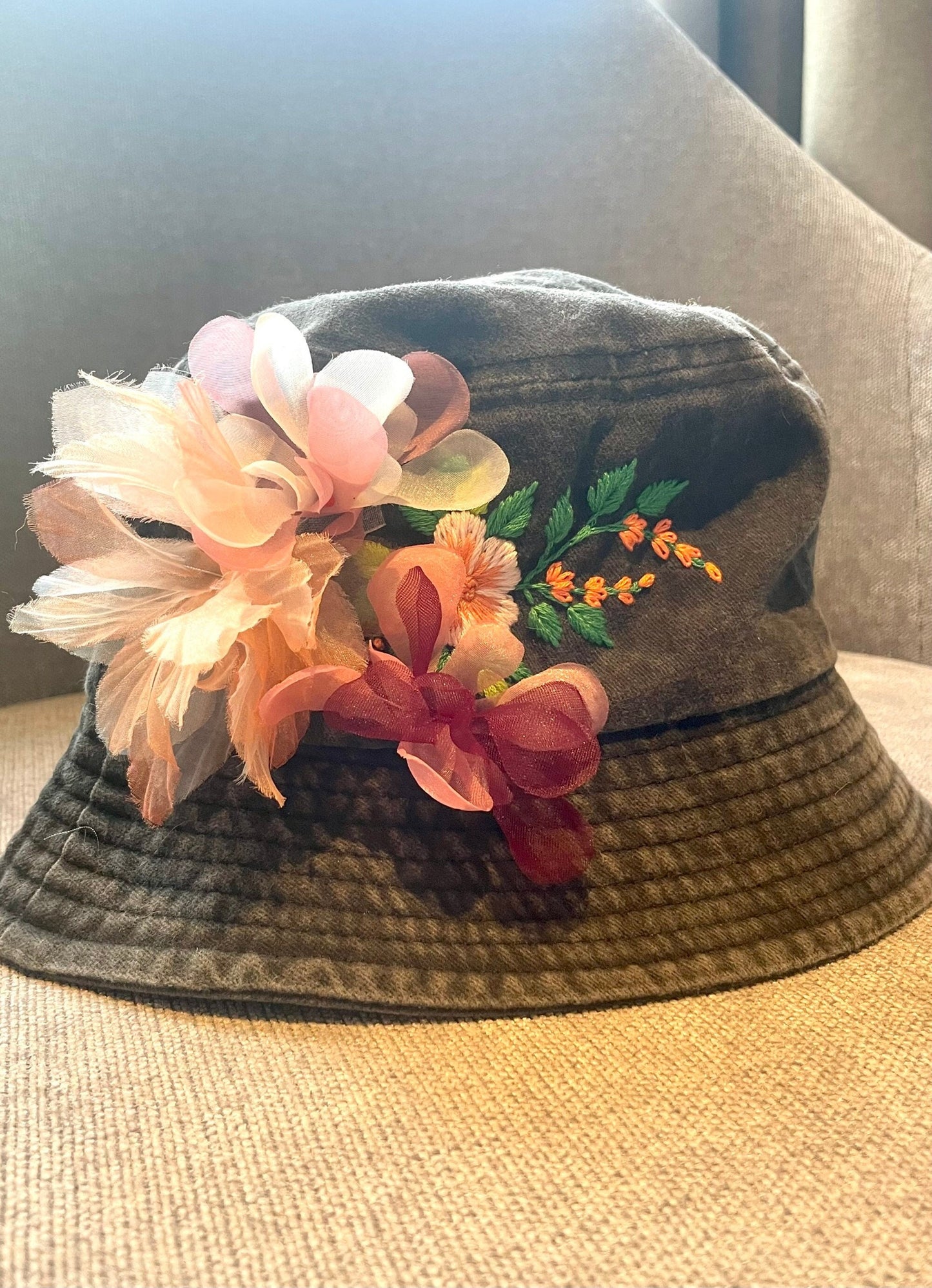 Chiffon flowers embroidery bucket hat, embroidery cap, personalized embroidery floral hat, summer hat