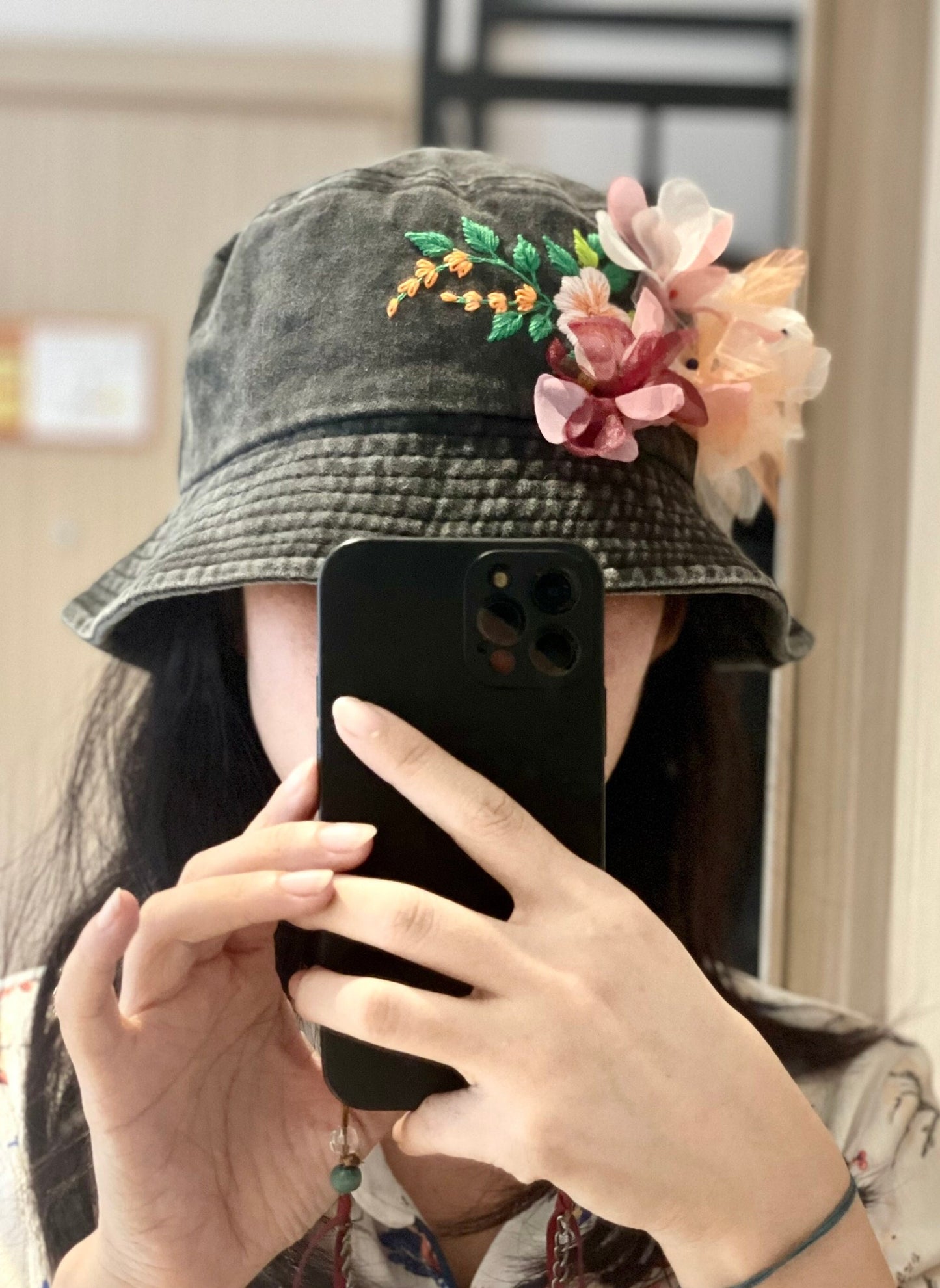 Chiffon flowers embroidery bucket hat, embroidery cap, personalized embroidery floral hat, summer hat