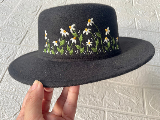 Embroidery Daisies Felt Fedora Hat | Man and Women Fedora Hats, Custom Fedora Hat, Unisex Fedoras, Winter Hats,  Felt Fedora Hats