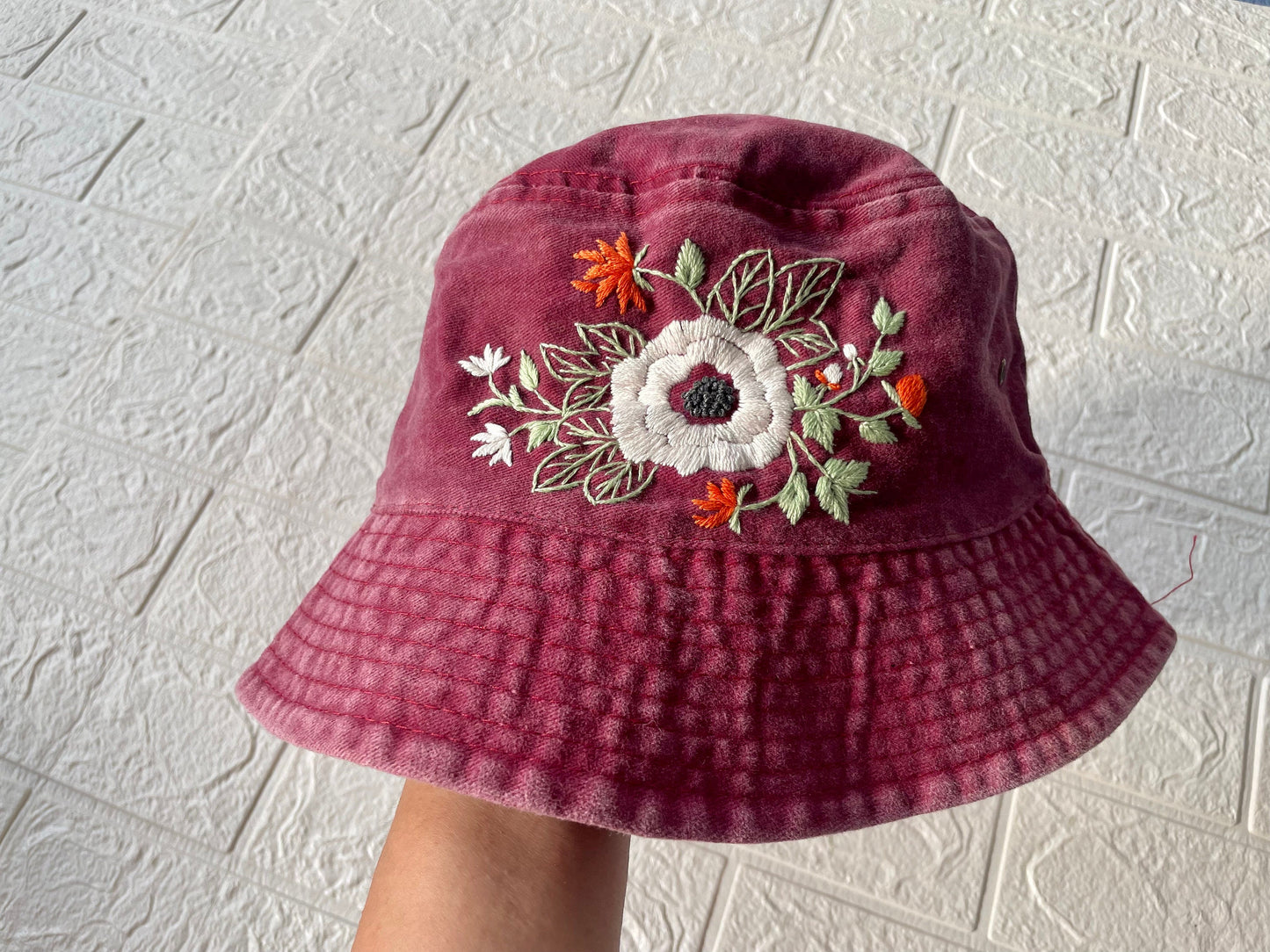 Floral Embroidery bucket hat | Red bucket hat | Women hat | Gift for her | Friend gift | Gift for mom