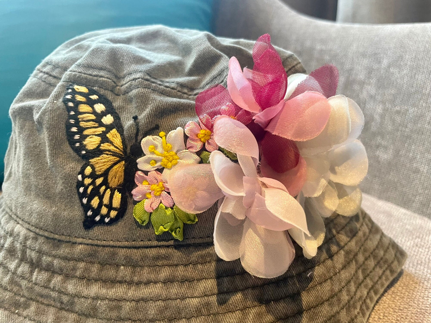 Butterfly embroidery floral bucket hat, Chiffon Floral Embroidery bucket hat, Floral Summer Woman Hat, Personalized Woman Bucket Hat