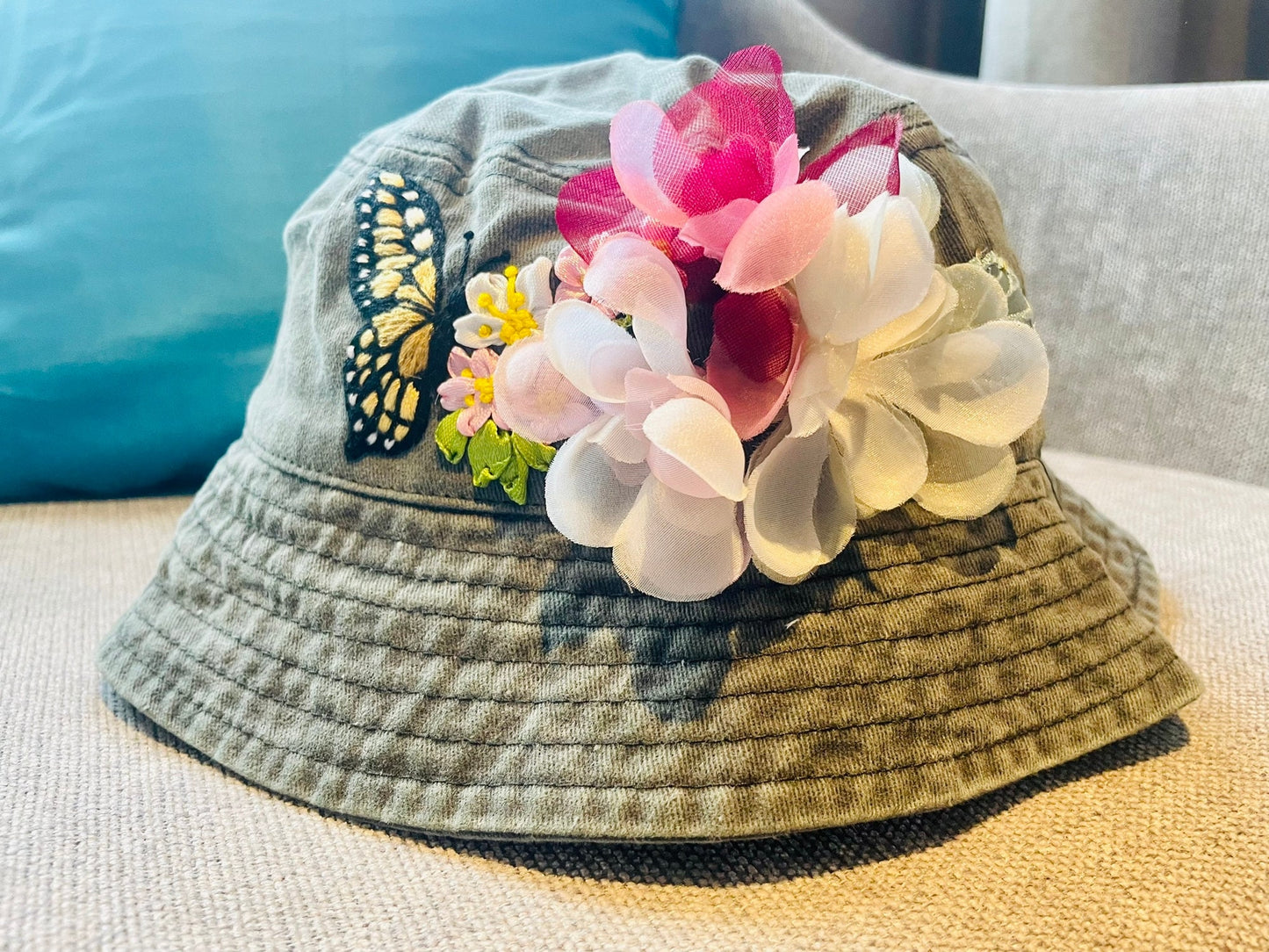 Butterfly embroidery floral bucket hat, Chiffon Floral Embroidery bucket hat, Floral Summer Woman Hat, Personalized Woman Bucket Hat