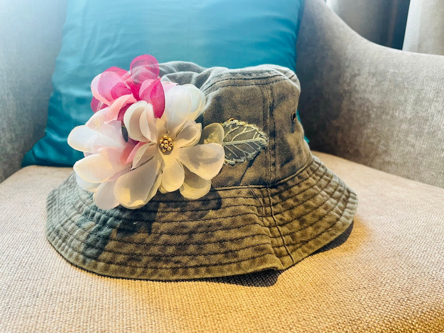 Butterfly embroidery floral bucket hat, Chiffon Floral Embroidery bucket hat, Floral Summer Woman Hat, Personalized Woman Bucket Hat