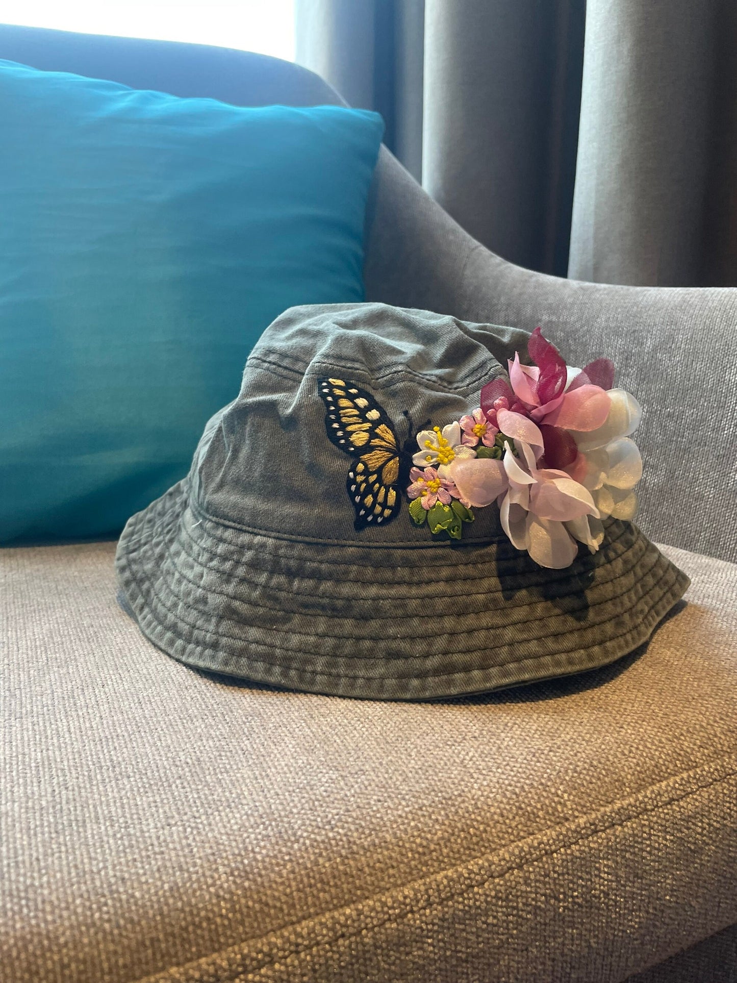 Butterfly embroidery floral bucket hat, Chiffon Floral Embroidery bucket hat, Floral Summer Woman Hat, Personalized Woman Bucket Hat