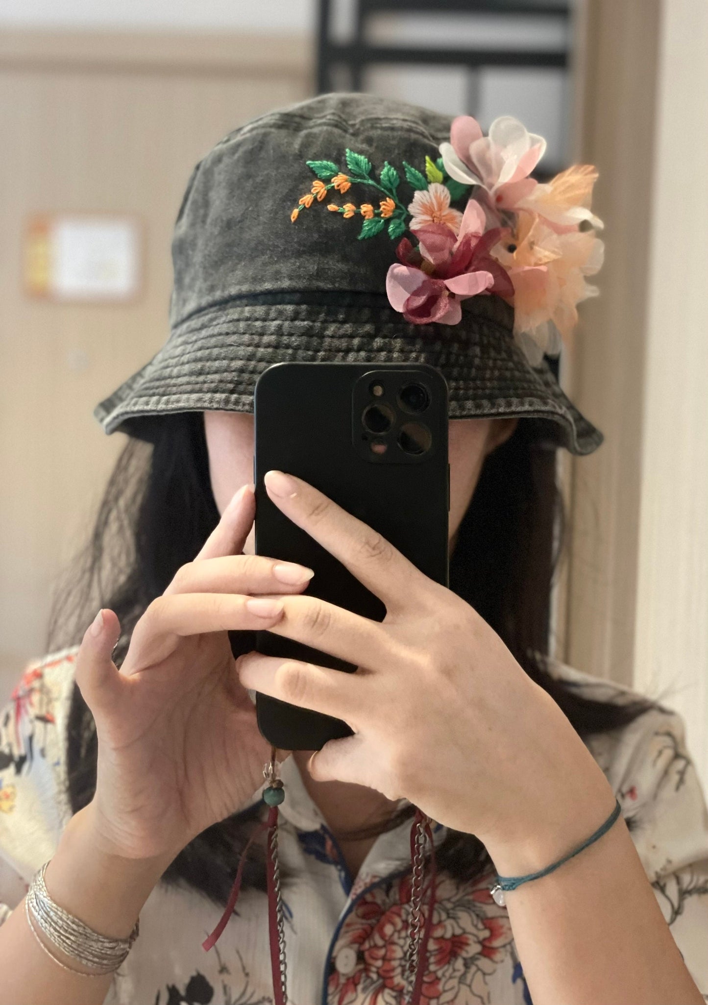 Chiffon flowers embroidery bucket hat, embroidery cap, personalized embroidery floral hat, summer hat