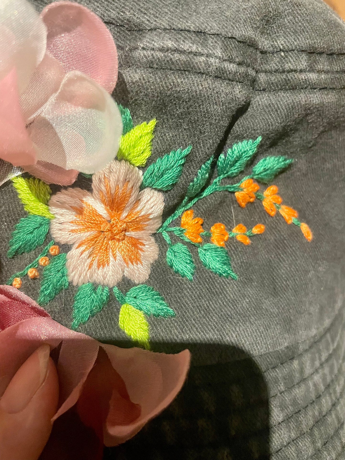 Chiffon flowers embroidery bucket hat, embroidery cap, personalized embroidery floral hat, summer hat