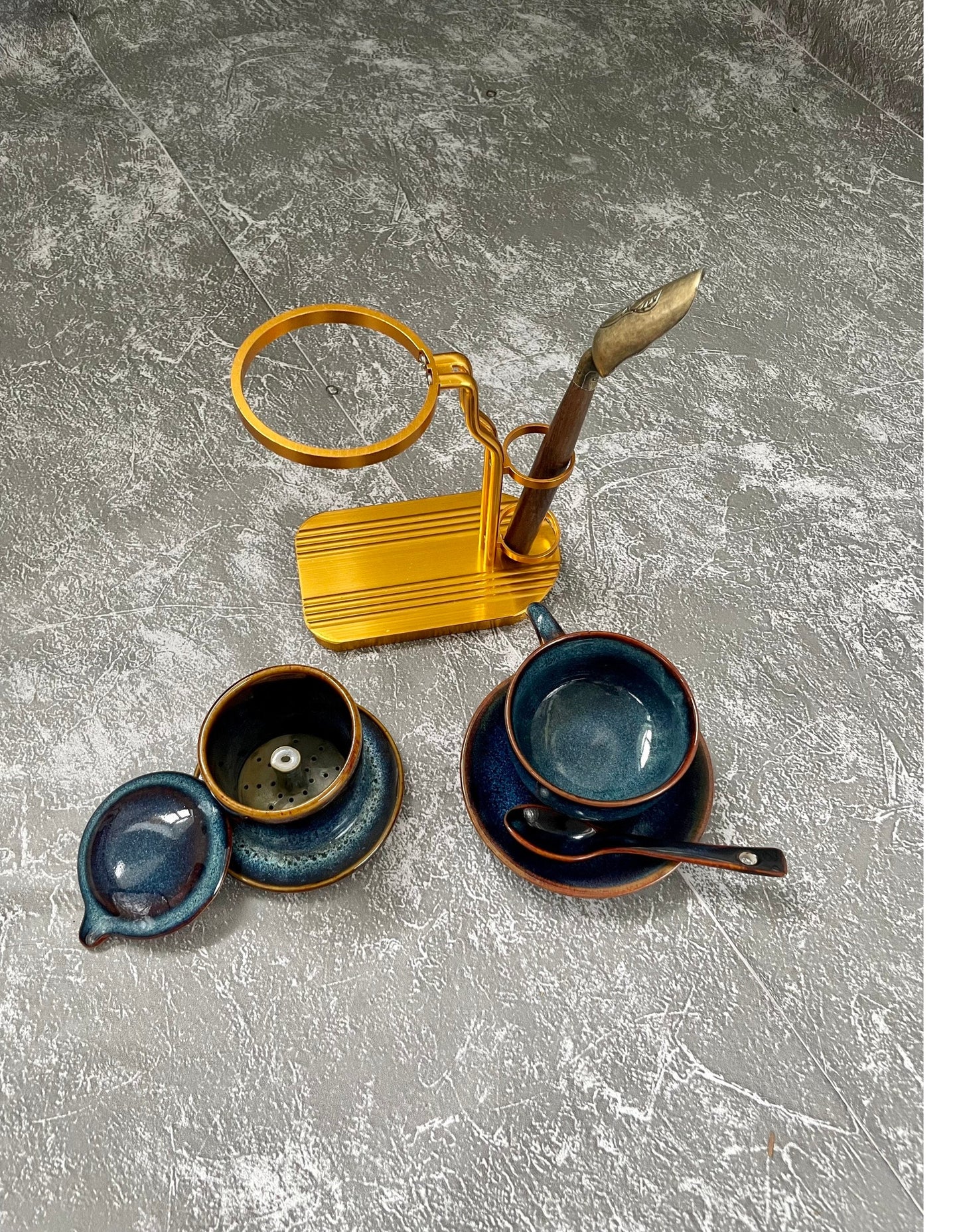 Fullset Ceramic Coffee Filter ,  Ceramic Coffee Dripper Pour Over Set / Hand Drawing Ceramic Coffee Set with Mug, spoon and metal frame